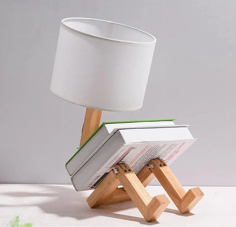 Adjustable Wooden Robot Table Lamp with Fabric Shade and Integrated Book Holder
