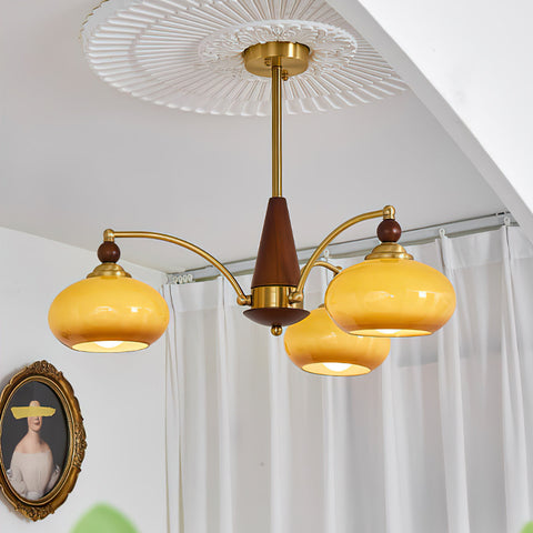 Chandelier with Three Rounded Glass Shades and Retro Style