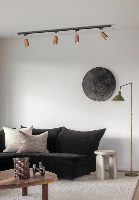 Track Light with Adjustable Wooden Spotlights and Steel Rail