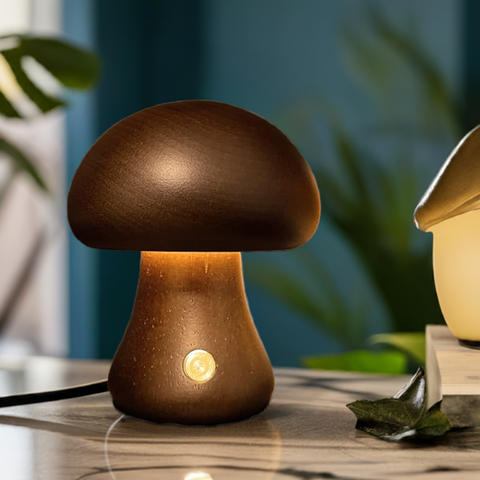 Mushroom-Shaped Wooden Table Lamp with Adjustable Brightness and USB Power