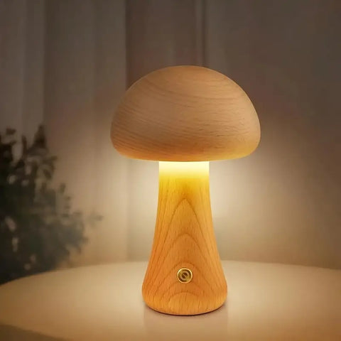 Mushroom-Shaped Wooden Table Lamp with Adjustable Brightness and USB Power