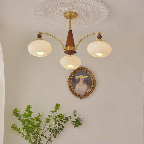 Chandelier with Three Rounded Glass Shades and Retro Style