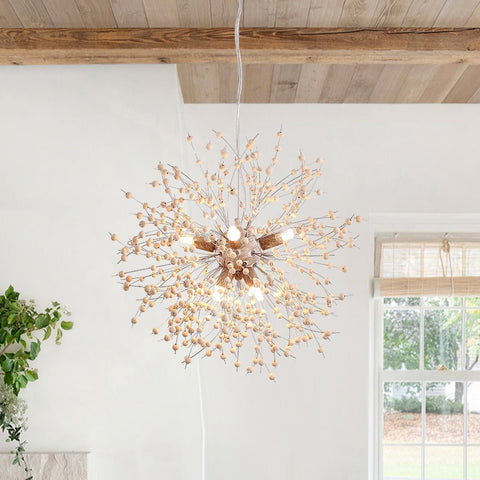 Wood Bead Starburst Pendant Light with Multiple Bulbs — product view