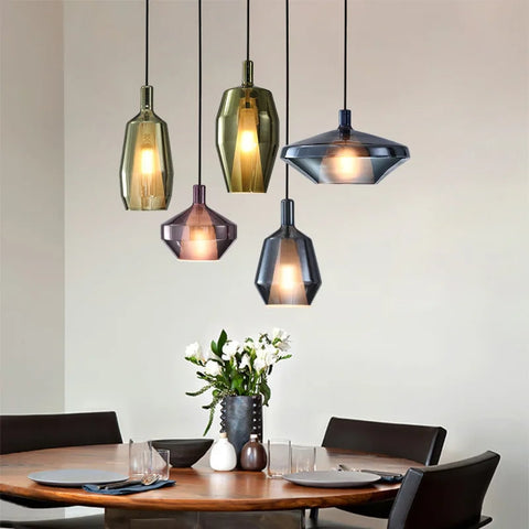 Colored Glass Pendant Light with Geometric Shade