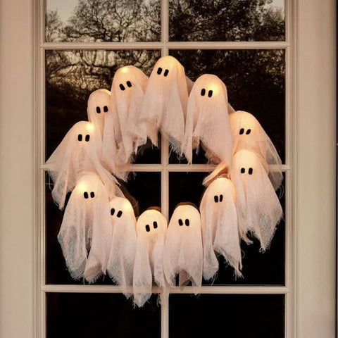 Lighted Halloween Ghost Wreath with LED Figures for Doors and Walls