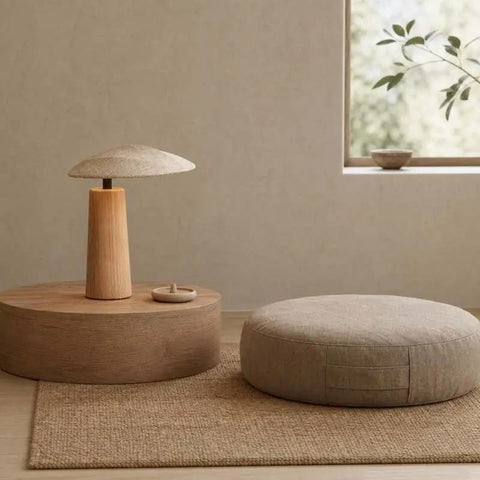 Mushroom-Shaped Wood Table Lamp with Fabric Shade — product view