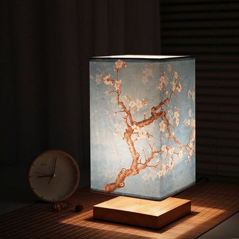 Japanese Floral Table Lamp with Wood Base and Fabric Shade