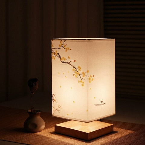 Japanese Floral Table Lamp with Wood Base and Fabric Shade