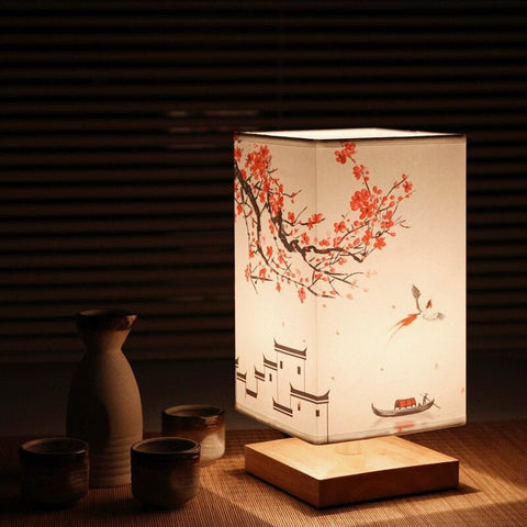 Japanese Floral Table Lamp with Wood Base and Fabric Shade