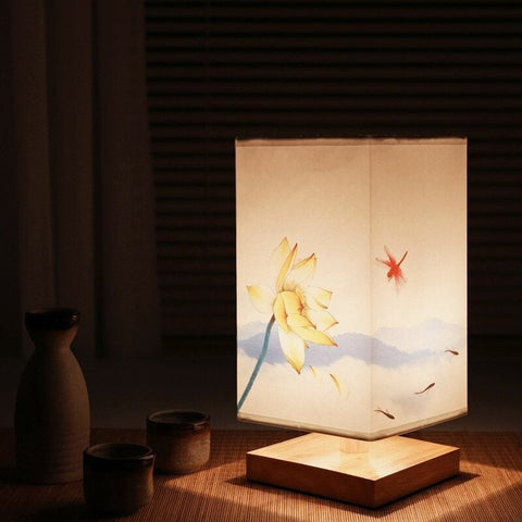 Japanese Floral Table Lamp with Wood Base and Fabric Shade