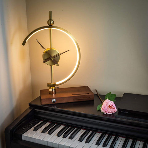 Modern LED Table Lamp with Decorative Clock, Wireless Phone Charging and Wooden Base