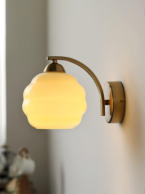 Vintage Art Deco Glass Wall Lamp with Curved Metal Arm and E26/E27 Bulb Socket