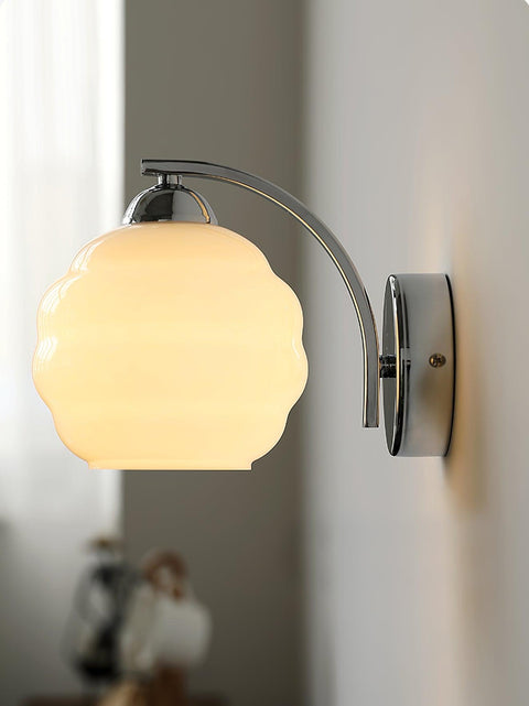 Vintage Art Deco Glass Wall Lamp with Curved Metal Arm and E26/E27 Bulb Socket