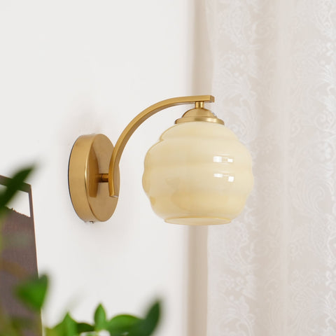 Vintage Art Deco Glass Wall Lamp with Curved Metal Arm and E26/E27 Bulb Socket