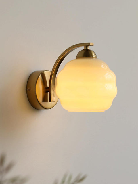 Vintage Art Deco Glass Wall Lamp with Curved Metal Arm and E26/E27 Bulb Socket