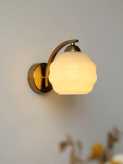 Vintage Art Deco Glass Wall Lamp with Curved Metal Arm and E26/E27 Bulb Socket