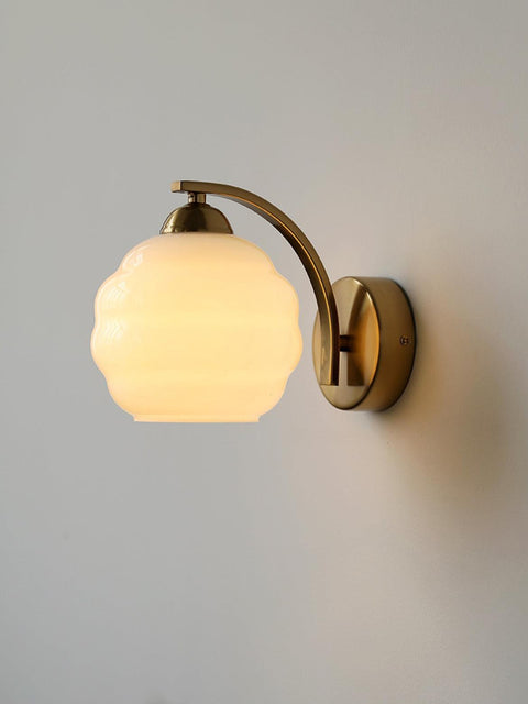 Vintage Art Deco Glass Wall Lamp with Curved Metal Arm and E26/E27 Bulb Socket