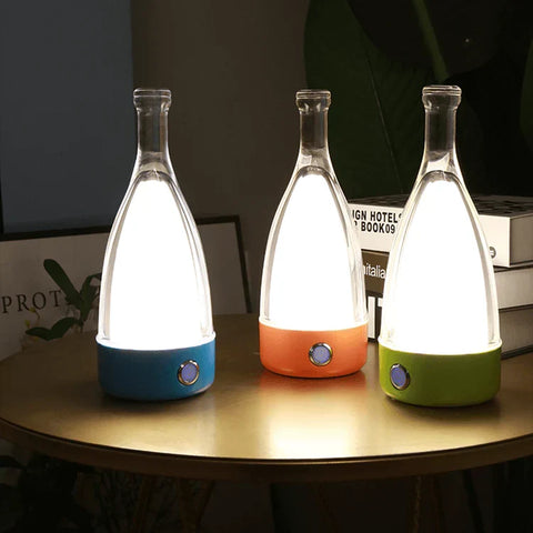 Bottle-Shaped Rechargeable LED Table Lamp with Transparent Glass-Style Shade and Colorful Base