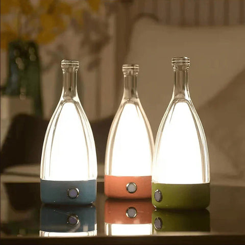 Bottle-Shaped Rechargeable LED Table Lamp with Transparent Glass-Style Shade and Colorful Base