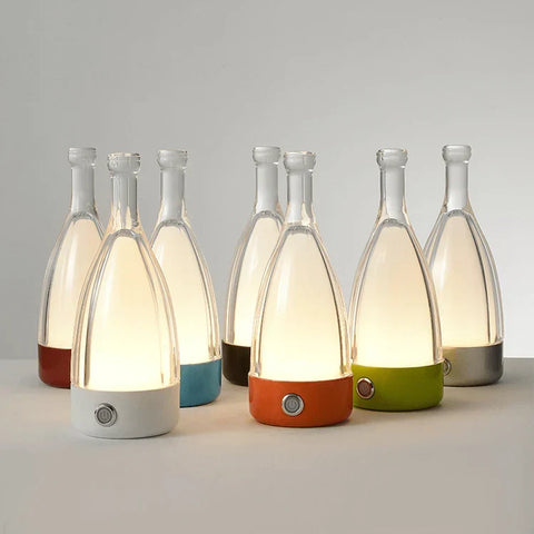 Bottle-Shaped Rechargeable LED Table Lamp with Transparent Glass-Style Shade and Colorful Base