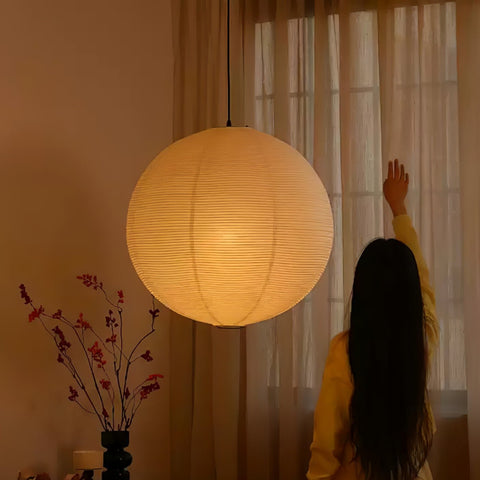 Pendant Light with Round Paper Lantern Shade and Bamboo Frame