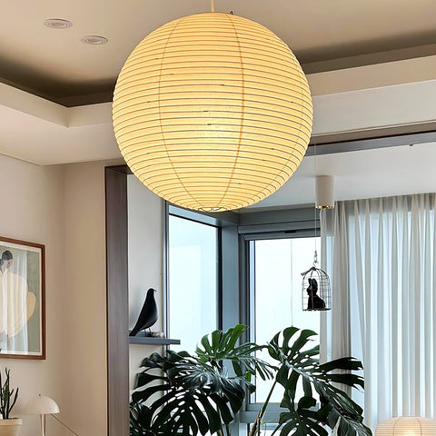 Pendant Light with Round Paper Lantern Shade and Bamboo Frame