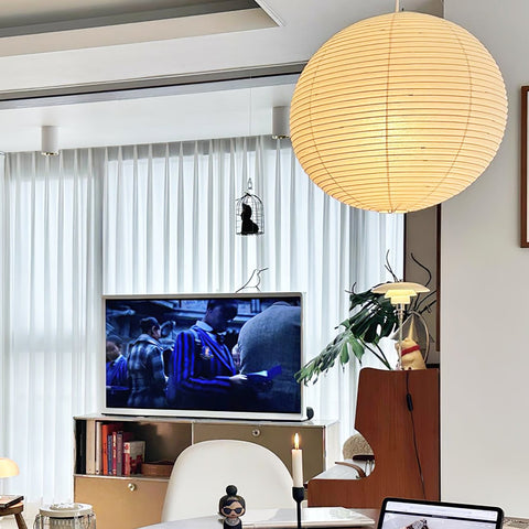 Pendant Light with Round Paper Lantern Shade and Bamboo Frame