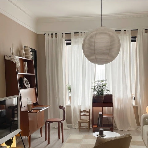 Pendant Light with Round Paper Lantern Shade and Bamboo Frame