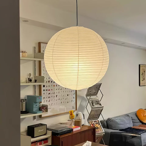 Pendant Light with Round Paper Lantern Shade and Bamboo Frame