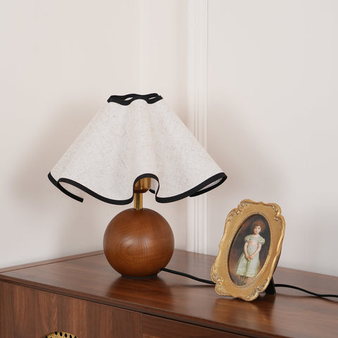 Table Lamp with Scalloped Linen Shade and Rounded Wooden Base