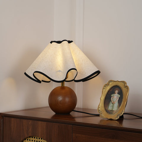 Table Lamp with Scalloped Linen Shade and Rounded Wooden Base