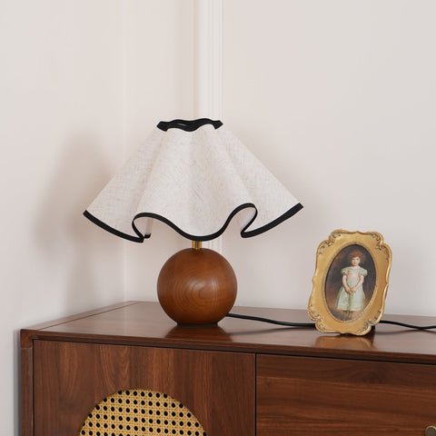 Table Lamp with Scalloped Linen Shade and Rounded Wooden Base