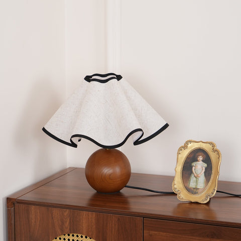 Table Lamp with Scalloped Linen Shade and Rounded Wooden Base